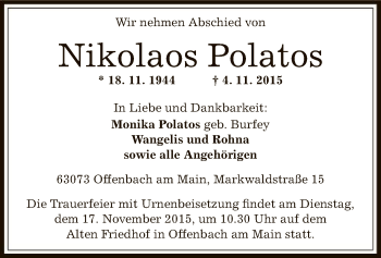 Traueranzeige von Nikolaos Polatos von Offenbach