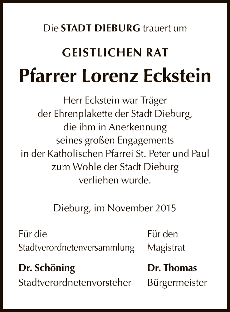  Traueranzeige für Lorenz Eckstein vom 28.11.2015 aus Offenbach