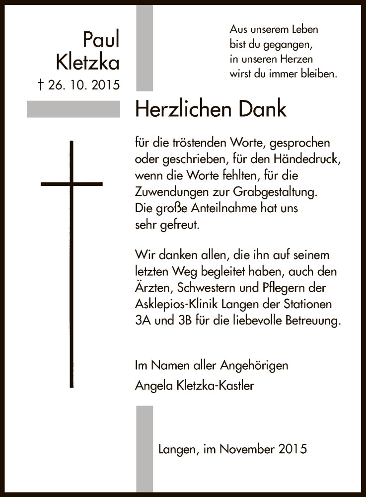  Traueranzeige für Paul Kletzka vom 20.11.2015 aus Offenbach