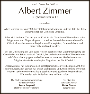 Traueranzeige von Albert Zimmer von Offenbach