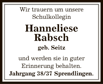 Traueranzeige von Hanneliese Rabsch von Offenbach