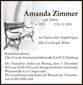 Traueranzeige von Amanda Zimmer von Offenbach