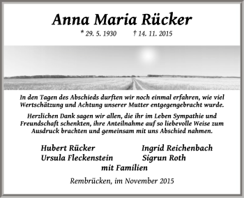 Traueranzeige von Anna Maria Rücker von Offenbach