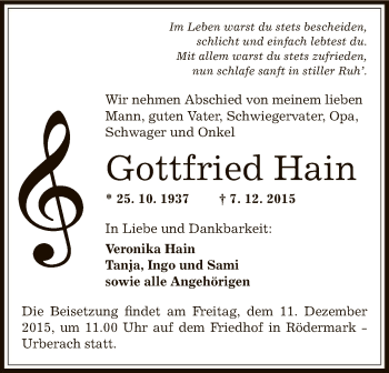 Traueranzeige von Gottfried Hain von Offenbach