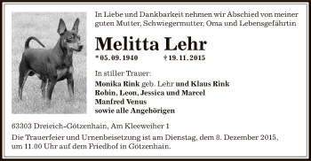 Traueranzeige von Melitta Lehr von Offenbach