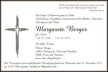 Traueranzeige von Margarete Berger von Offenbach