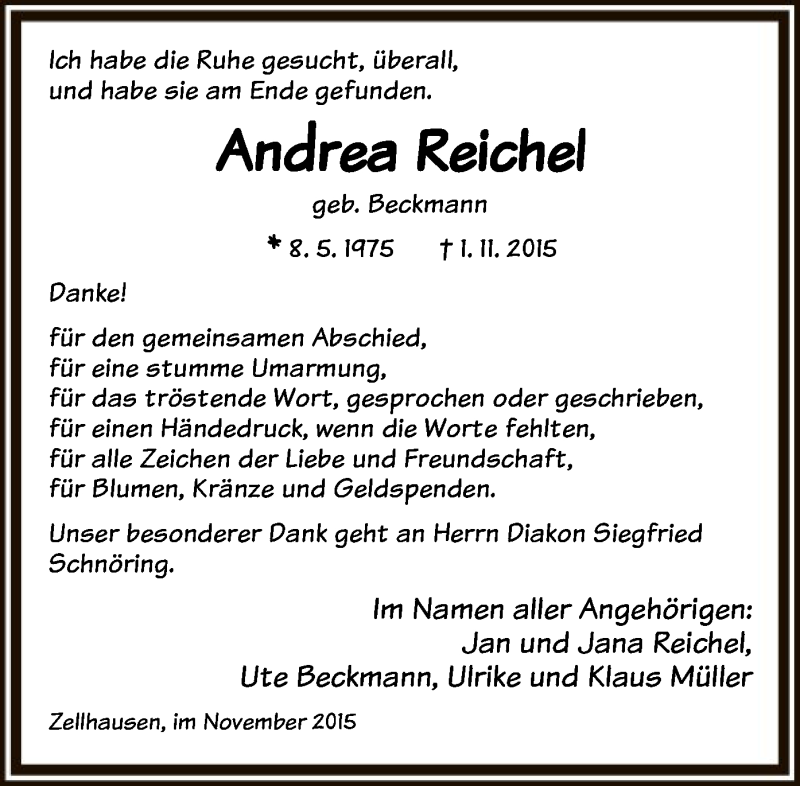  Traueranzeige für Andrea Reichel vom 28.11.2015 aus Offenbach