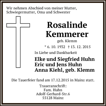 Traueranzeige von Rosalinde Kemmerer von Offenbach