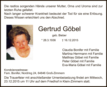 Traueranzeige von Gertrud Göbel von Offenbach