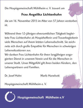 Traueranzeige von Angelika Lichtenhahn von Offenbach