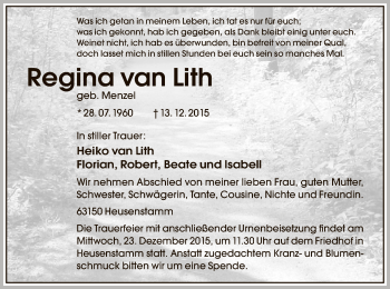 Traueranzeige von Regina van Lith von Offenbach