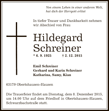 Traueranzeige von Hildegard Schreiner von Offenbach