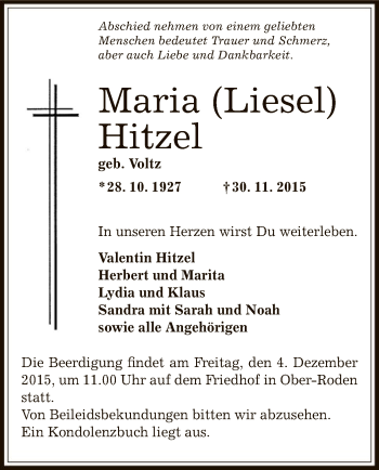 Traueranzeige von Maria Hitzel von Offenbach