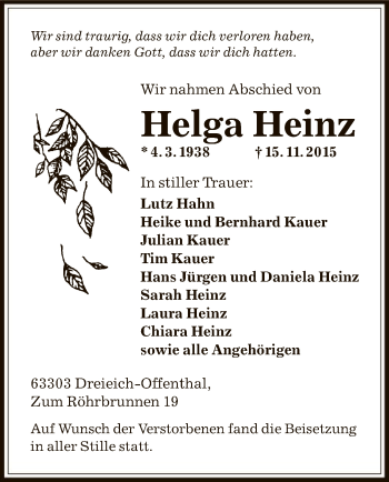 Traueranzeige von Helga Heinz von Offenbach