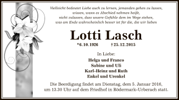 Traueranzeige von Lotti Lasch von Offenbach