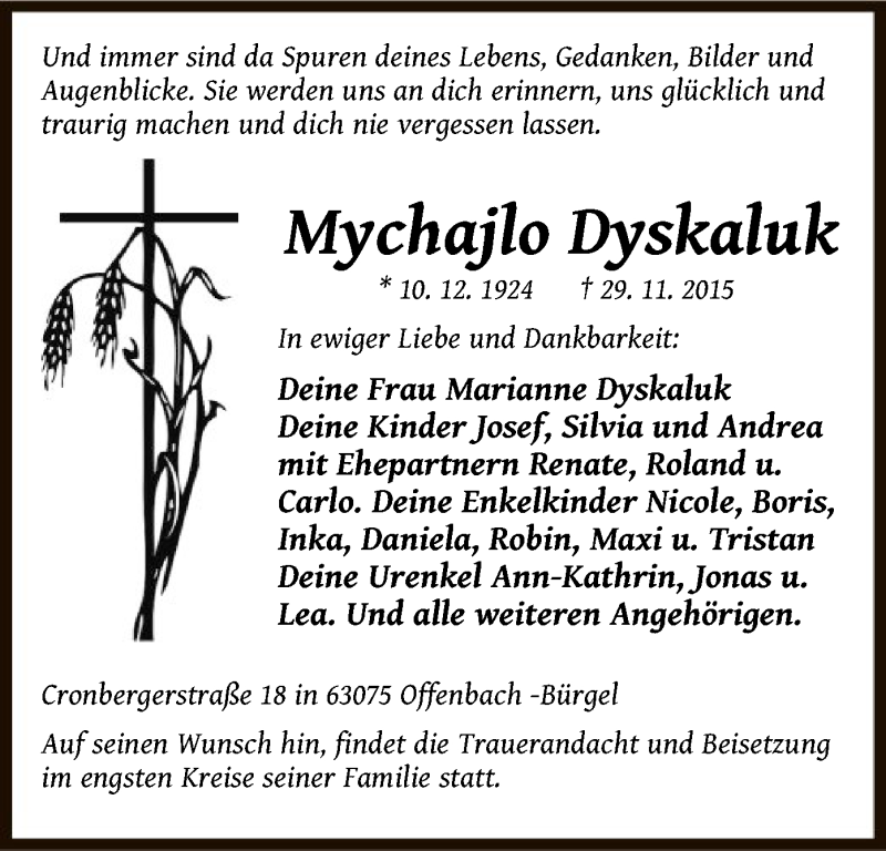  Traueranzeige für Mychajlo Dyskaluk vom 05.12.2015 aus Offenbach