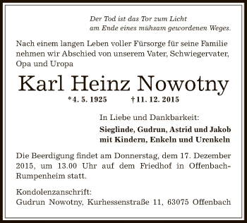 Traueranzeige von Karl Heinz Nowotny von Offenbach