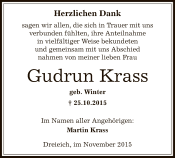 Traueranzeige von Gudrun Krass von Offenbach