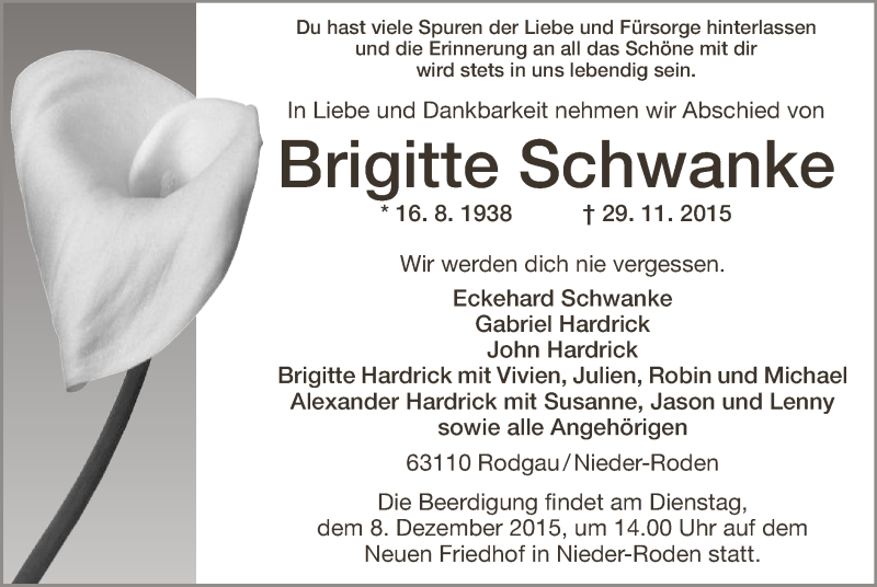  Traueranzeige für Brigitte Schwanke vom 03.12.2015 aus Offenbach
