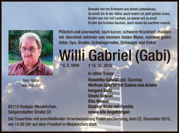 Traueranzeige von Willi Gabriel von Offenbach