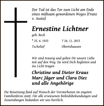 Traueranzeige von Ernestine Lichtner von Offenbach