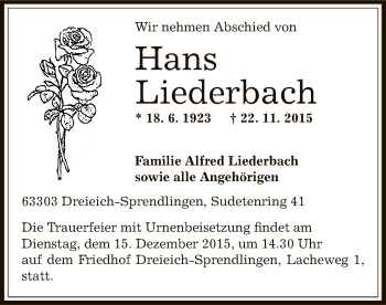 Traueranzeige von Hans Liederbach von Offenbach