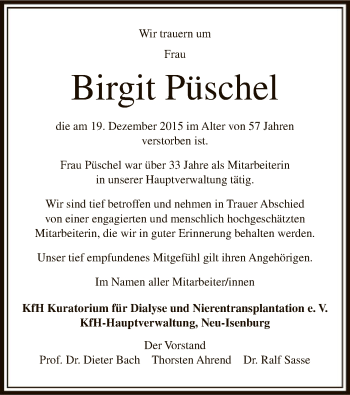 Traueranzeige von Birgit Püschel von Offenbach