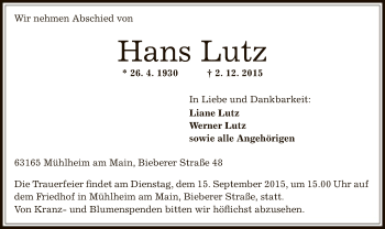 Traueranzeige von Hans Lutz von Offenbach