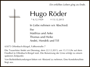 Traueranzeige von Hugo Röder von Offenbach