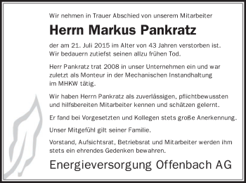 Traueranzeige von Markus Pankratz von Offenbach