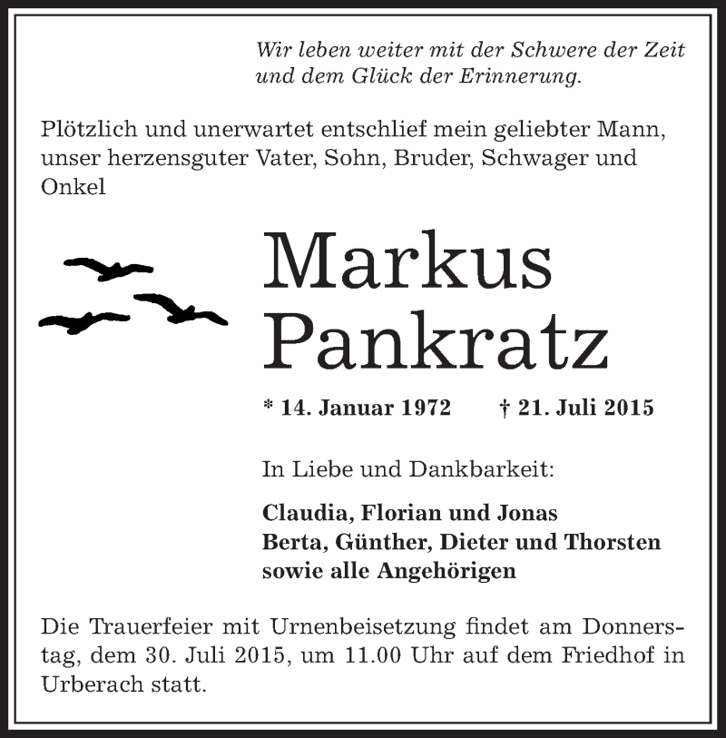  Traueranzeige für Markus Pankratz vom 28.07.2015 aus Offenbach