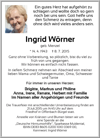 Traueranzeige von Ingrid Wörner von Offenbach