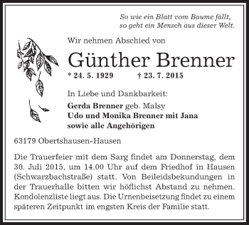 Traueranzeige von Günther Brenner von Offenbach