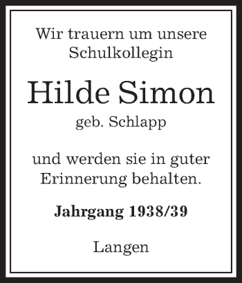 Traueranzeige von Hilde Simon von Offenbach