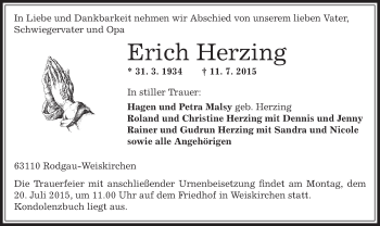 Traueranzeige von Erich Herzing von Offenbach