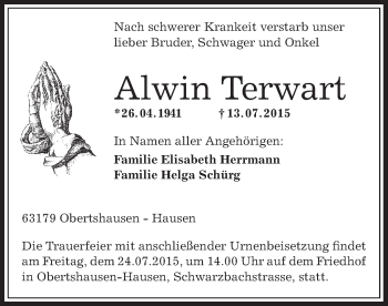 Traueranzeige von Alwin Terwart von Offenbach