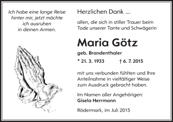 Traueranzeige von Maria Götz von Offenbach