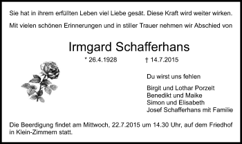 Traueranzeige von Irmgard Schafferhans von Offenbach