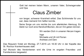 Traueranzeige von Claus Zimber von Offenbach