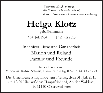 Traueranzeige von Helga Klotz von Offenbach