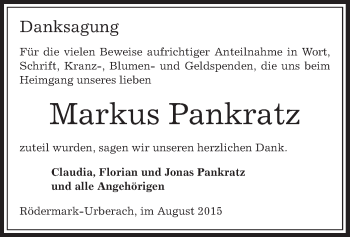 Traueranzeige von Markus Pankratz von Offenbach