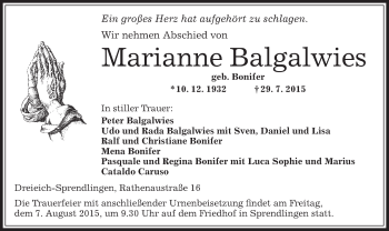 Traueranzeige von Marianne Balgalwies von Offenbach