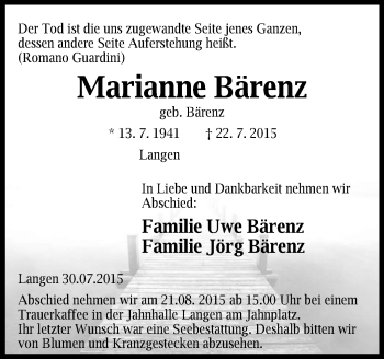 Traueranzeige von Marianne Bärenz von Offenbach