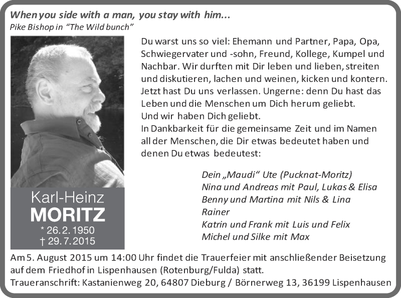  Traueranzeige für Karl-Heinz Moritz vom 01.08.2015 aus Offenbach