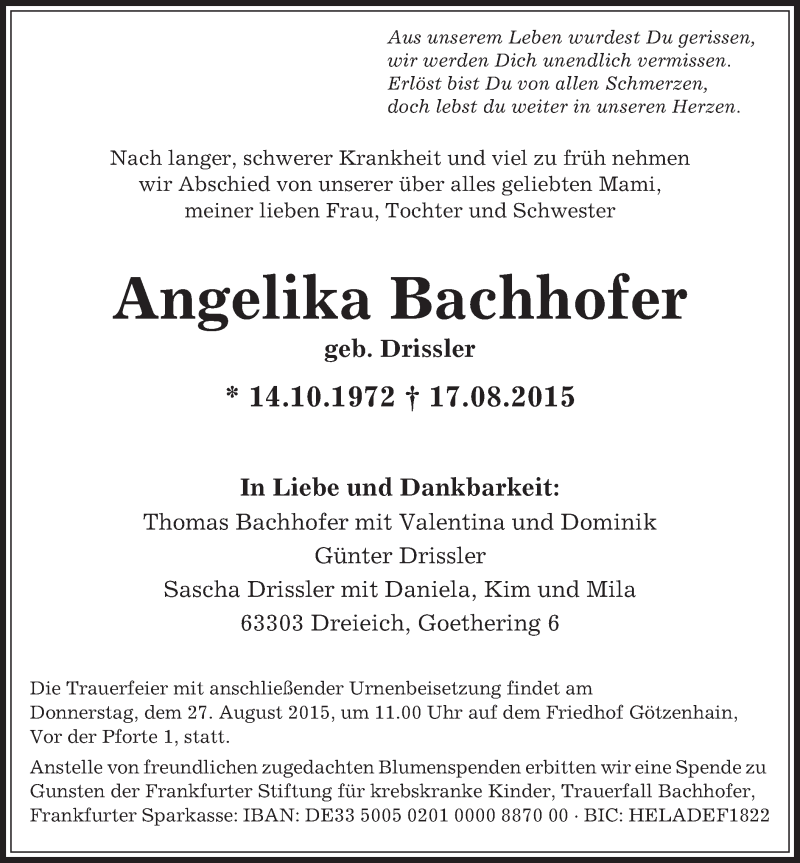  Traueranzeige für Angelika Bachhofer vom 22.08.2015 aus Offenbach
