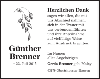 Traueranzeige von Günther Brenner von Offenbach