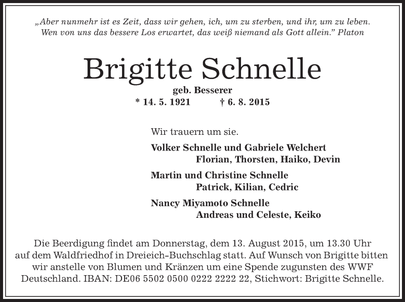  Traueranzeige für Brigitte Schnelle vom 11.08.2015 aus Offenbach