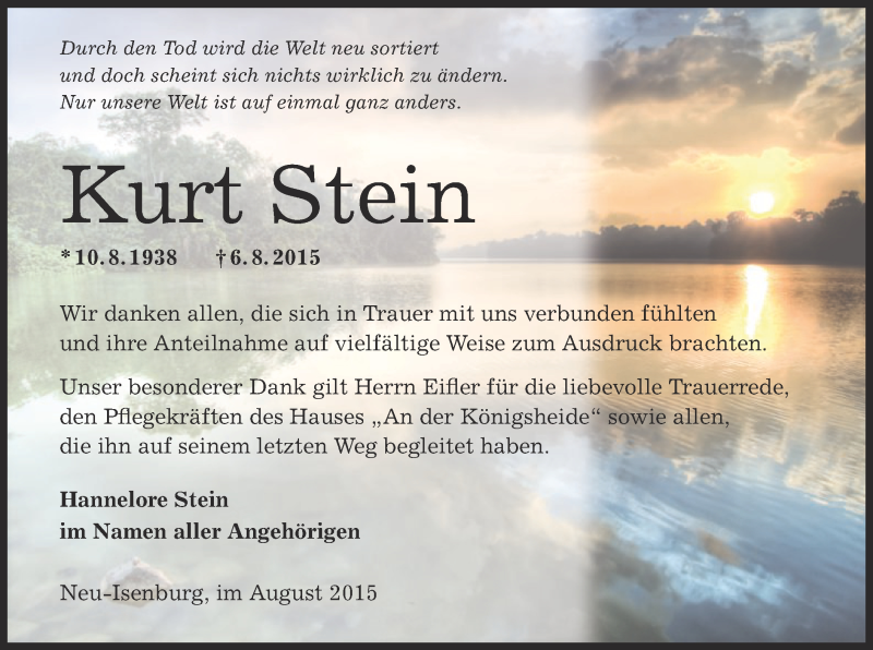  Traueranzeige für Kurt Stein vom 27.08.2015 aus Offenbach
