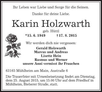 Traueranzeige von Karin Holzwarth von Offenbach