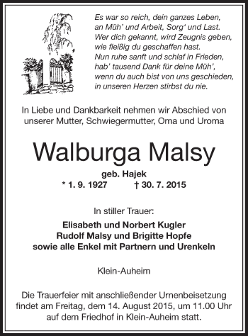 Traueranzeige von Walburga Malsy von Offenbach